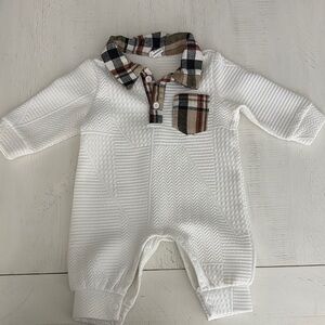 SHEIN White Textured Baby One Piece with Plaid Collar
